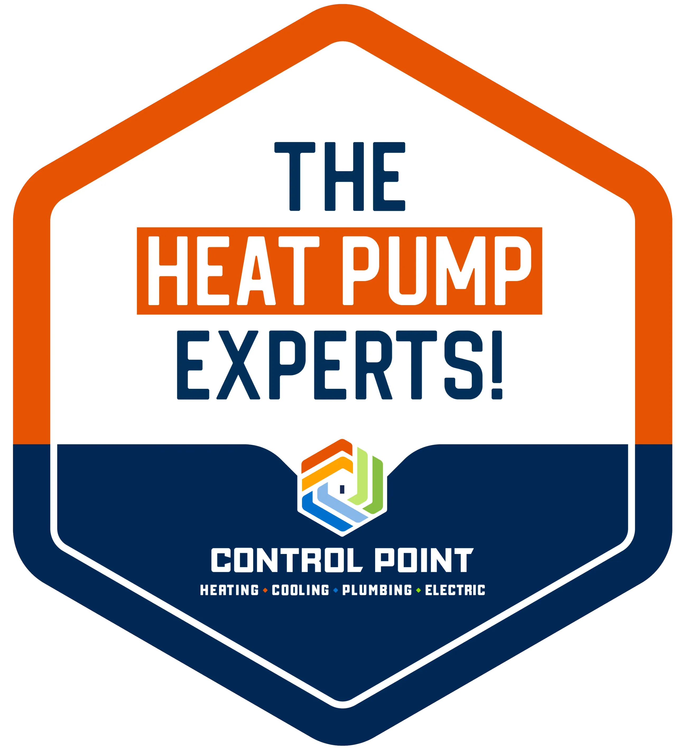 Badge-style logo with the text "The Heat Pump Experts!" and "Control Point" featuring heating, cooling, plumbing, and electric services.