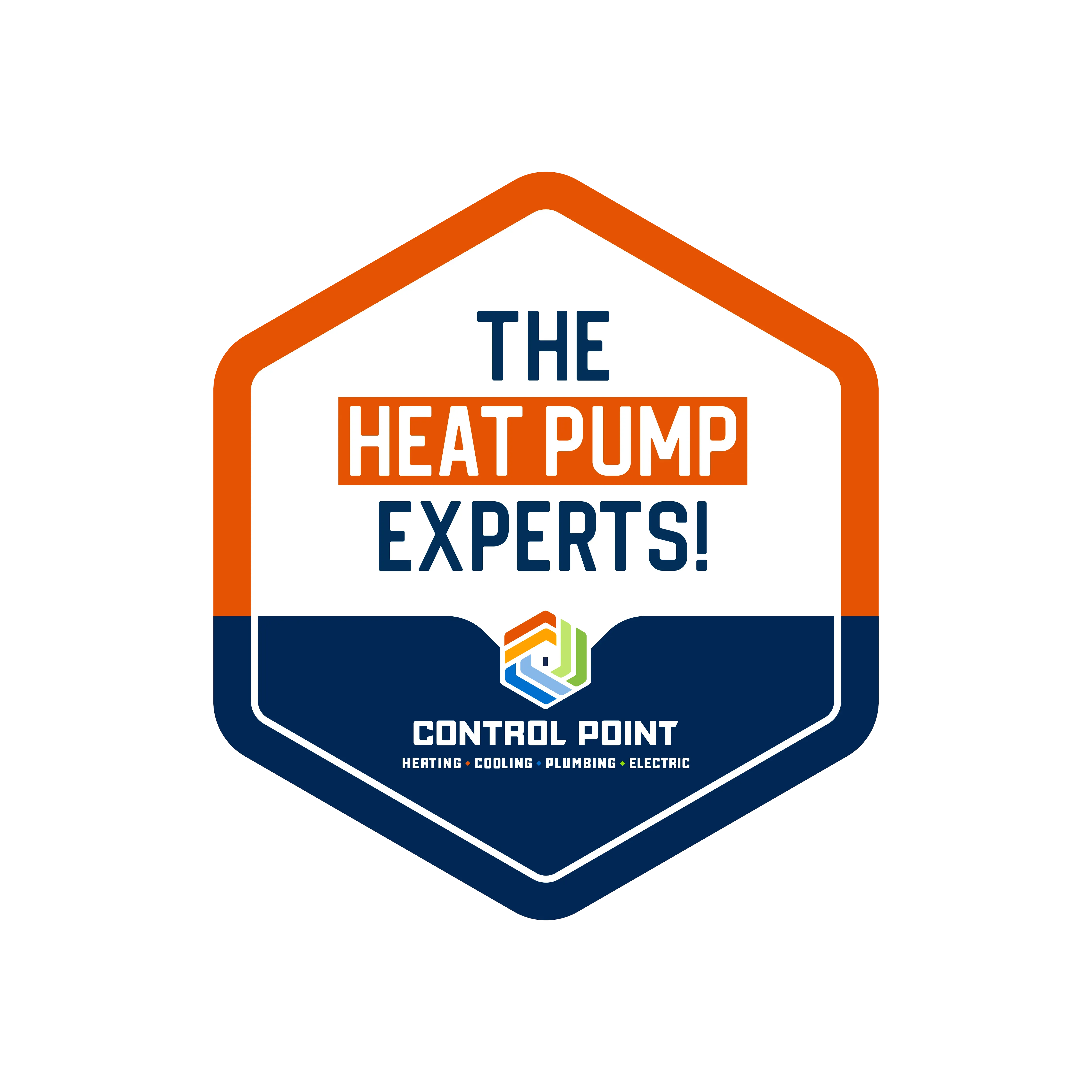 Badge-style logo with the text "The Heat Pump Experts!" and "Control Point" featuring heating, cooling, plumbing, and electric services.